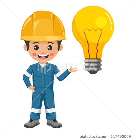 Industrial mechanic worker with a giant light bulb. Supervisor engineer with his coverall and personal protective equipment with creative idea symbol. Industrial safety and occupational health at work Industrial mechanic worker with a giant light bulb. Supervisor engineer with his coverall and personal protective equipment with creative idea symbol. Industrial safety and occupational health at work 117490099