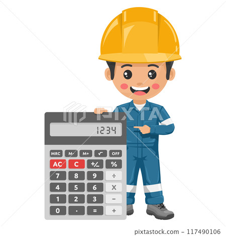 Industrial mechanic worker with giant calculator for financial analysis, accounting and budget calculation. Industrial safety and occupational health at work Industrial mechanic worker with giant calculator for financial analysis, accounting and budget calculation. Industrial safety and occupational health at work 117490106