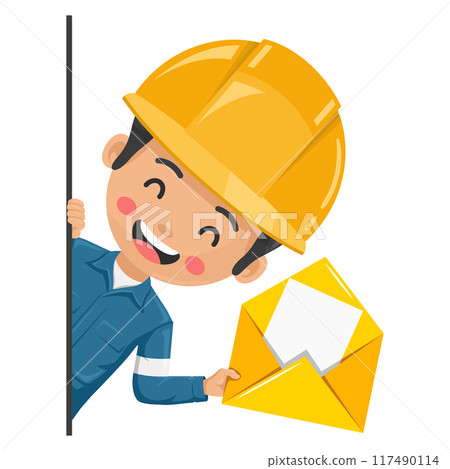 Mechanical worker peeking out from behind a wall with open letter envelope for email. Concept of communication, notification and contact. Industrial safety and occupational health at work 117490114