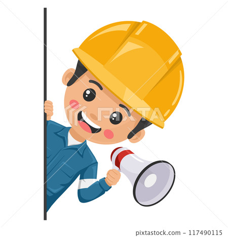 Mechanical worker peeking out from behind a wall making an announcement with a megaphone. Concept of communication, notification and contact. Industrial safety and occupational health at work 117490115