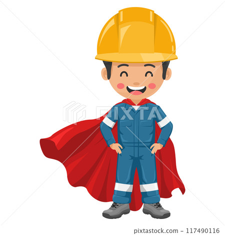 Industrial mechanical worker wearing his superhero cape. Supervisor engineer with his coverall and personal protective equipment. Safety first. Industrial safety and occupational health at work Industrial mechanical worker wearing his superhero cape. Supervisor engineer with his coverall and personal protective equipment. Safety first. Industrial safety and occupational health at work 117490116