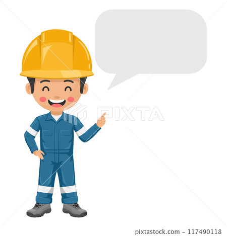 Industrial mechanic worker with his personal protective equipment with dialog box vignette with copy space for text for advertising, brochures. Industrial safety and occupational health at work Industrial mechanic worker with his personal protective equipment with dialog box vignette with copy space for text for advertising, brochures. Industrial safety and occupational health at work 117490118