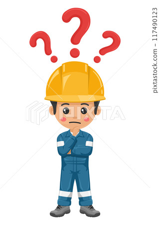 Industrial mechanic worker worker pensive and expressing doubt with question sign for FAQ concept. Engineer with his personal protective equipment. Industrial safety and occupational health at work 117490123