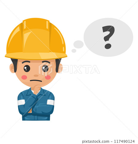 Engineer thinking and expressing doubt in a new industrial project. Industrial mechanic worker with his personal protective equipment. Industrial safety and occupational health at work 117490124