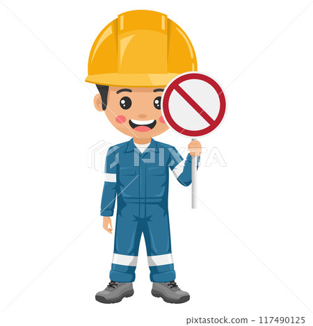Industrial mechanic worker with prohibited sign making a stop sign. Engineer with his personal protective equipment. Safety first. Industrial safety and occupational health at work Industrial mechanic worker with prohibited sign making a stop sign. Engineer with his personal protective equipment. Safety first. Industrial safety and occupational health at work 117490125