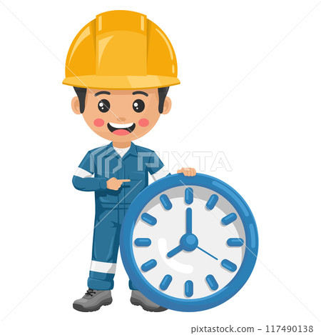 Industrial mechanical worker with watch. Time management and efficiency concept in the industry. Safety first. Supervisor engineer with his coverall. Industrial safety and occupational health at work Industrial mechanical worker with watch. Time management and efficiency concept in the industry. Safety first. Supervisor engineer with his coverall. Industrial safety and occupational health at work 117490138