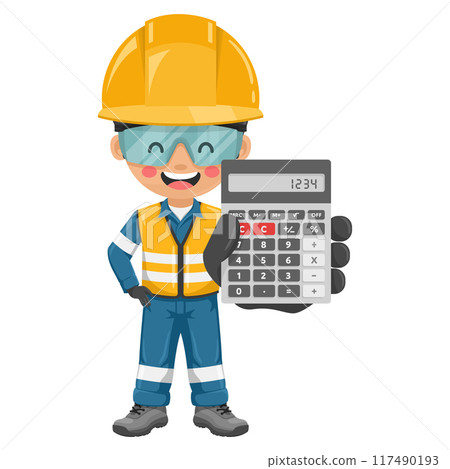 Industrial engineer with reflective safety vest and helmet with a calculator in hand for financial analysis, accounting and budget calculation. Safety first. Industrial safety and occupational health Industrial engineer with reflective safety vest and helmet with a calculator in hand for financial analysis, accounting and budget calculation. Safety first. Industrial safety and occupational health 117490193