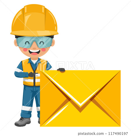 Industrial engineer with reflective safety vest, coverall and helmet with letter envelope for email. Concept of communication, notification and contact. Industrial safety and occupational health Industrial engineer with reflective safety vest, coverall and helmet with letter envelope for email. Concept of communication, notification and contact. Industrial safety and occupational health 117490197