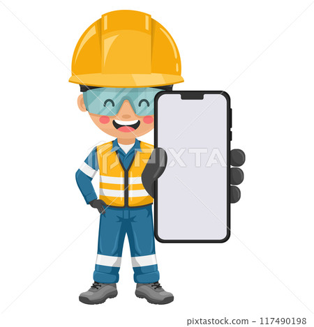 Industrial engineer dressed in reflective safety vest, coverall and helmet with mobile phone. Concept of communication, notification and contact. Industrial safety and occupational health at work Industrial engineer dressed in reflective safety vest, coverall and helmet with mobile phone. Concept of communication, notification and contact. Industrial safety and occupational health at work 117490198