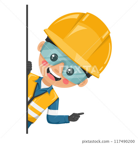 Industrial engineer with reflective vest peeking out from behind a wall pointing finger. Express an idea and indicate it with the index finger. Industrial safety and occupational health at work Industrial engineer with reflective vest peeking out from behind a wall pointing finger. Express an idea and indicate it with the index finger. Industrial safety and occupational health at work 117490200