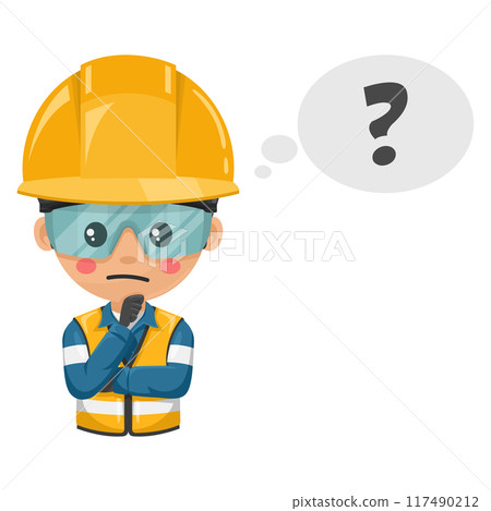 Industrial engineer thinking and expressing doubt in a new industrial project. Industrial mechanic worker with his personal protective equipment. Industrial safety and occupational health at work Industrial engineer thinking and expressing doubt in a new industrial project. Industrial mechanic worker with his personal protective equipment. Industrial safety and occupational health at work 117490212