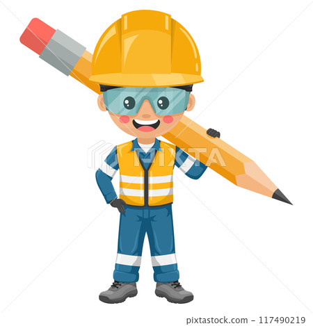 Industrial engineer worker with giant pencil. Creative concept for project management. Safety first. Engineer with his personal protective equipment. Industrial safety and occupational health at work 117490219