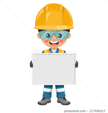 Industrial engineer with his personal protective equipment holding a whiteboard with space for text for advertising, presentations, brochures. Industrial safety and occupational health at work Industrial engineer with his personal protective equipment holding a whiteboard with space for text for advertising, presentations, brochures. Industrial safety and occupational health at work 117490227