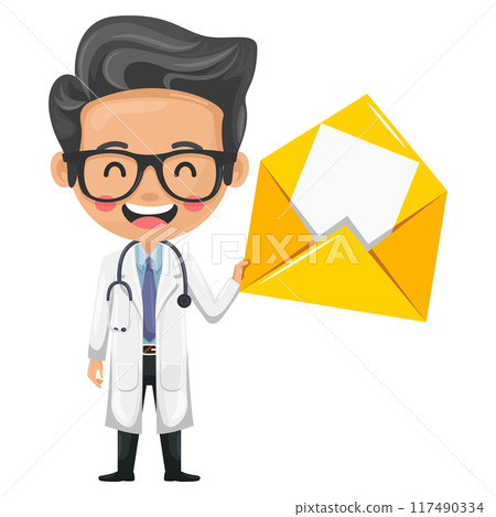 Cartoon doctor with a stethoscope with letter envelope for email. Health and medicine concept. Concept of communication, notification and contact. Research, science and technology in health Cartoon doctor with a stethoscope with letter envelope for email. Health and medicine concept. Concept of communication, notification and contact. Research, science and technology in health 117490334