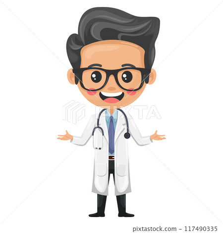 Doctor character cartoon with a stethoscope with open hands. Health and medicine concept. Health professional to perform a medical examination on a patient. Research, science and technology in health 117490335