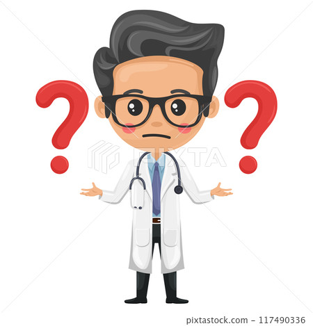 Doctor character cartoon with giant question sign for FAQ concept. Health and medicine concept. Health professional to perform a medical examination. Research, science and technology in health 117490336