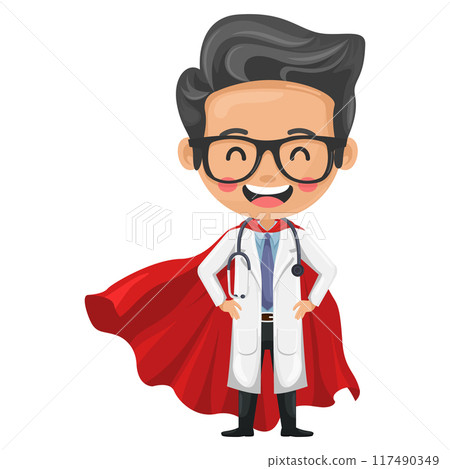 Cartoon happy doctor hero with a stethoscope wearing his superhero cape. Health superhero fighting virus and diseases. Health and medicine concept. Research, science and technology in health 117490349