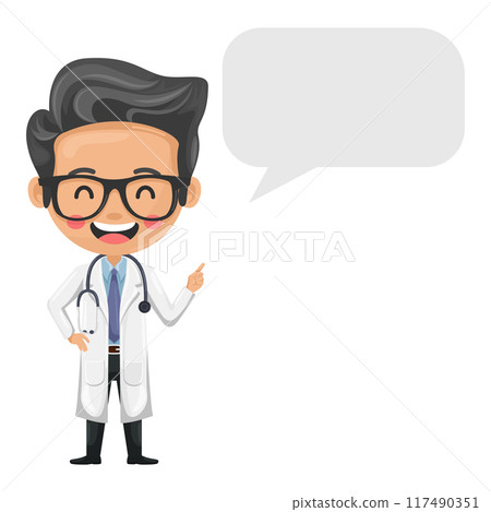 Doctor character cartoon with a stethoscope with dialog box vignette with copy space for text for advertising, brochures. Health and medicine concept. Research, science and technology in health Doctor character cartoon with a stethoscope with dialog box vignette with copy space for text for advertising, brochures. Health and medicine concept. Research, science and technology in health 117490351