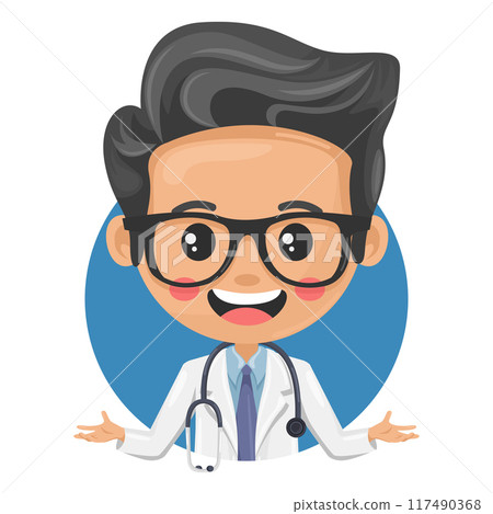 Doctor character cartoon with a stethoscope with open hands. Health and medicine concept. Health professional to perform a medical examination on a patient. Research, science and technology in health 117490368