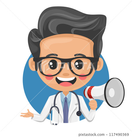 Cartoon doctor making an announcement with a megaphone. Health and medicine concept. Health professional to perform a medical examination on a patient. Research, science and technology in health 117490369