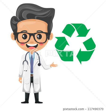 Cartoon of doctor with recycling symbol. Concept of sustainability and environmental awareness in medical practice. Eco-friendly practices, waste reduction and a healthy environment for both patients Cartoon of doctor with recycling symbol. Concept of sustainability and environmental awareness in medical practice. Eco-friendly practices, waste reduction and a healthy environment for both patients 117490370