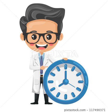 Cartoon of doctor with watch. Efficient time management, urgency in critical situations, punctuality in patient care, and the constant pressure doctors face to make quick and accurate decisions Cartoon of doctor with watch. Efficient time management, urgency in critical situations, punctuality in patient care, and the constant pressure doctors face to make quick and accurate decisions 117490371