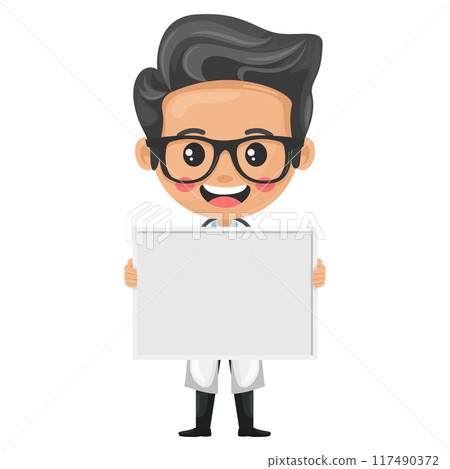 Cartoon of a doctor holding a whiteboard with space for text, advertising, presentations and brochures. Healthcare and medicine concept. Research, science and technology in the field of health 117490372