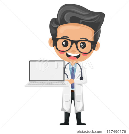 Doctor character cartoon with a laptop. Technology integration in medical practice. Digital tools to improve patient care, manage information and conduct research. Health and medicine concept 117490376