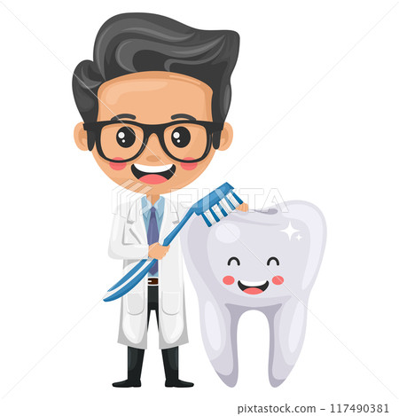 Doctor cartoon brushing a tooth with a toothbrush. Prevention, diagnosis and treatment of tooth and gum diseases. Dental hygiene and oral care. Tooth decay prevention. Health and medicine concept 117490381