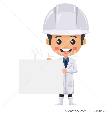 Quality control supervisor holding a banner with space for text for advertising, presentations, brochures . Food industry engineer. Science, technology and safety in food production and processing 117490423