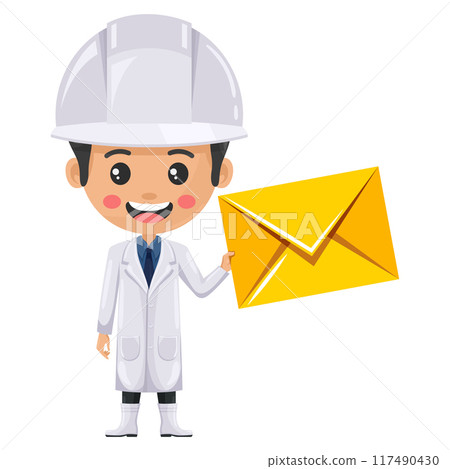 Quality control supervisor with letter envelope for email. Food industry engineer. Concept of notification and contact. Chief food safety engineer. Safety in food production and processing 117490430