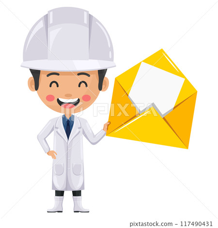 Quality control supervisor with open letter envelope for email. Food industry engineer. Concept of notification and contact. Chief food safety engineer. Safety in food production and processing Quality control supervisor with open letter envelope for email. Food industry engineer. Concept of notification and contact. Chief food safety engineer. Safety in food production and processing 117490431