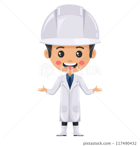 Quality control supervisor in food production line with open hands. Food industry engineer. Chief food safety engineer. Science, technology and safety in food production and processing 117490432