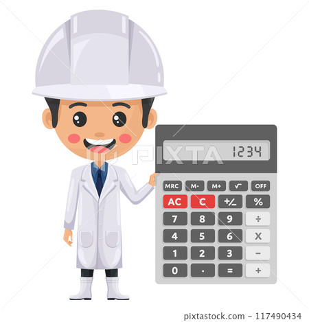 Quality control supervisor with a calculator for financial analysis, accounting and budget calculation. Food industry engineer. Chief food safety. Safety in food production and processing Quality control supervisor with a calculator for financial analysis, accounting and budget calculation. Food industry engineer. Chief food safety. Safety in food production and processing 117490434
