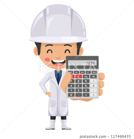 Quality control supervisor with calculator in hand for financial analysis, accounting and budget calculation. Food industry engineer. Chief food safety. Safety in food production and processing 117490435