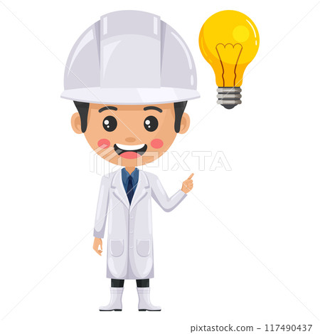 Quality control supervisor with a light bulb. Food industry engineer. Creative concept for the generation of ideas. Chief food safety engineer. Science, technology and safety in food production 117490437