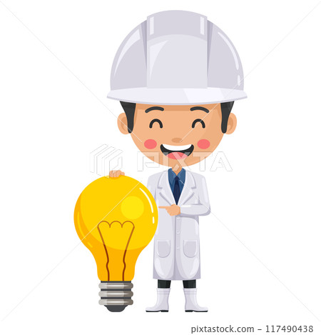 Quality control happy supervisor with a light bulb. Food industry engineer. Creative concept for the generation of ideas. Chief food safety engineer. Science, technology and safety in food production 117490438