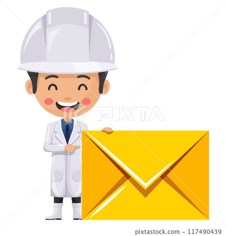 Quality control happy supervisor with letter envelope for email. Food industry engineer. Concept of notification and contact. Chief food safety engineer. Safety in food production and processing 117490439