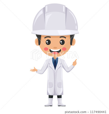 Quality control supervisor pointing his finger. Express an idea and indicate with the index finger. Food industry engineer. Chief food safety engineer. Safety in food production and processing Quality control supervisor pointing his finger. Express an idea and indicate with the index finger. Food industry engineer. Chief food safety engineer. Safety in food production and processing 117490441