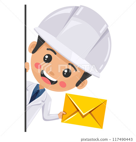 Quality control supervisor out from behind a wall with letter envelope for email. Concept of communication, notification, contact. Food industry engineer. Chief food safety. Safety in food production 117490443