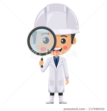 Quality control supervisor looking through a magnifying glass. Concept of food study and research. Food industry engineer. Chief food safety. Science, technology and safety in food production 117490450