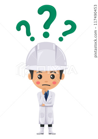 Quality control supervisor expressing doubt, uncertainty with a question mark. Question mark for FAQ concept. Food industry engineer. Chief food safety.Technology and safety in food production Quality control supervisor expressing doubt, uncertainty with a question mark. Question mark for FAQ concept. Food industry engineer. Chief food safety.Technology and safety in food production 117490453