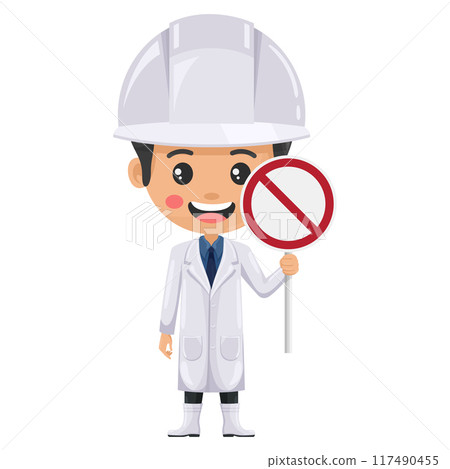 Quality control supervisor in food production line holding a forbidden sign. Food industry engineer. Chief food safety engineer. Science, technology and safety in food production and processing Quality control supervisor in food production line holding a forbidden sign. Food industry engineer. Chief food safety engineer. Science, technology and safety in food production and processing 117490455