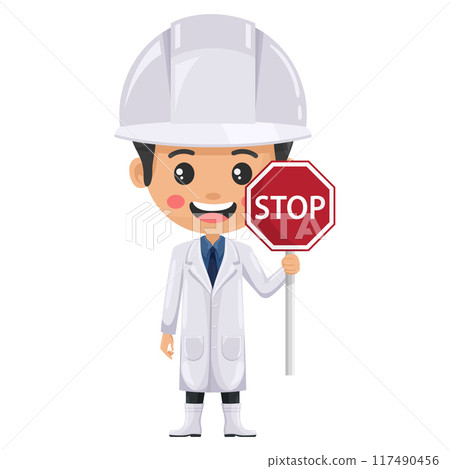 Quality control supervisor in food production line holding a stop sign. Agro-industrial engineer or food industry. Chief food safety engineer. Science, technology and safety in food production Quality control supervisor in food production line holding a stop sign. Agro-industrial engineer or food industry. Chief food safety engineer. Science, technology and safety in food production 117490456