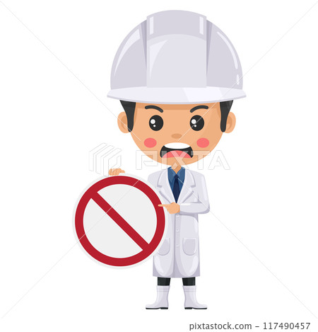 Quality control angry supervisor in food production line holding a forbidden sign. Food industry engineer. Chief food safety engineer. Science, technology and safety in food production and processing 117490457