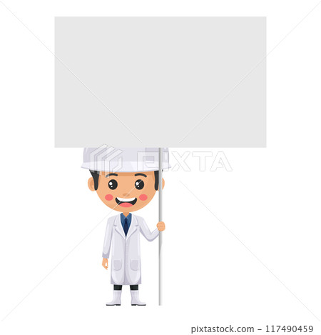 Quality control supervisor in food holding a banner at a protest march or mobilization. Poster with space to copy and paste text. Food industry engineer. Safety in food production and processing Quality control supervisor in food holding a banner at a protest march or mobilization. Poster with space to copy and paste text. Food industry engineer. Safety in food production and processing 117490459