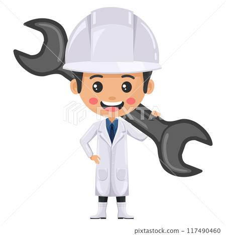Quality control supervisor in food production line carrying a wrench. Agro-industrial engineer or food industry. Chief food safety. Science, technology and safety in food production and processing 117490460