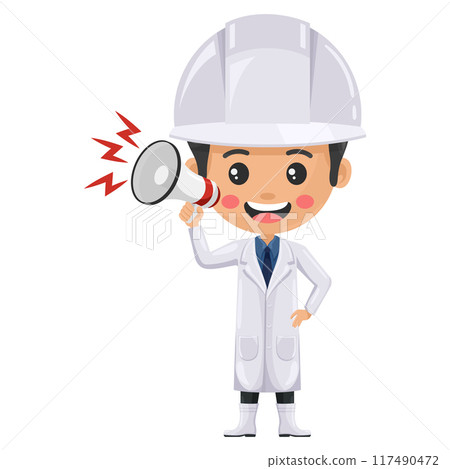 Quality control supervisor in food production line making an announcement with a megaphone. The importance of clear and effective communication in food industry. Food industry engineer 117490472