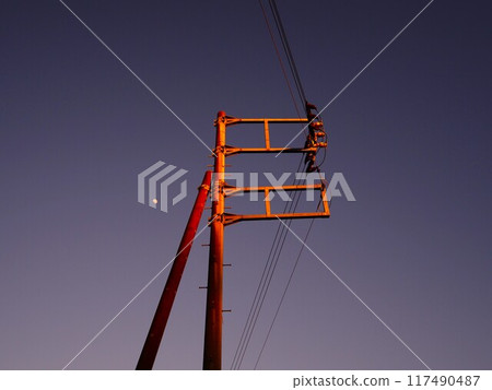 Telegraph pole and moon bathed in the setting sun 117490487