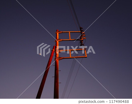 Telegraph pole and moon bathed in the setting sun Telegraph pole and moon bathed in the setting sun 117490488